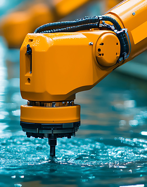 Braccio robotico industriale giallo che lavora su una superficie d’acqua in un impianto